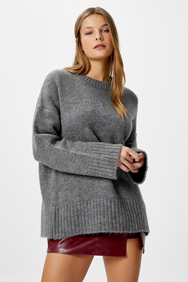 Women's Homy Soft Crew Neck Anthracite Oversize Knitwear Sweater
