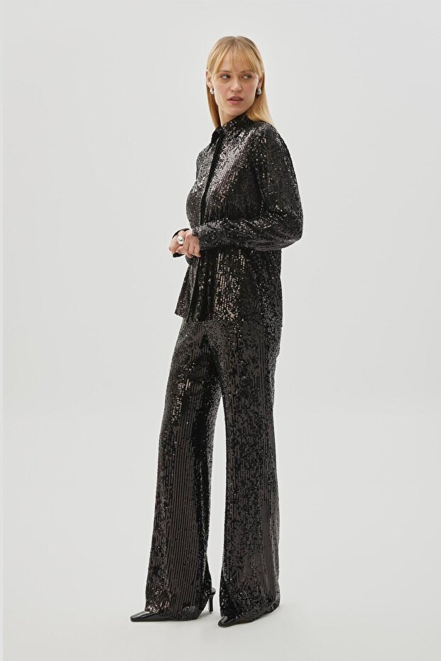 Siyah Payetli Regular Gömlek - 3