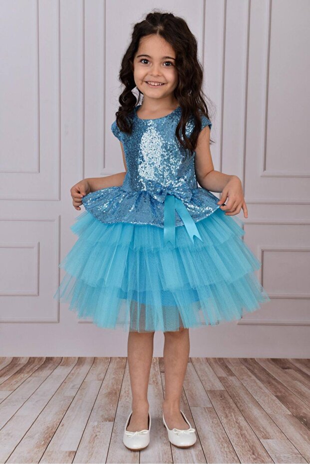 Girl's Sequin Tulle Dress Turquoise Blue