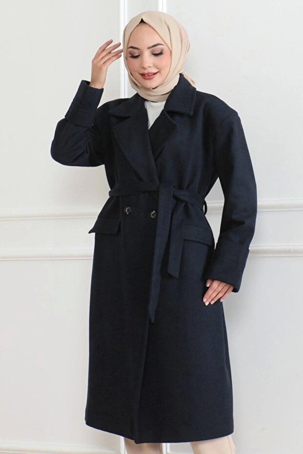 Tam12Den Women's Sleeve Folded Cashmere Fabric Lined Cashmere Coat - Navy Blue