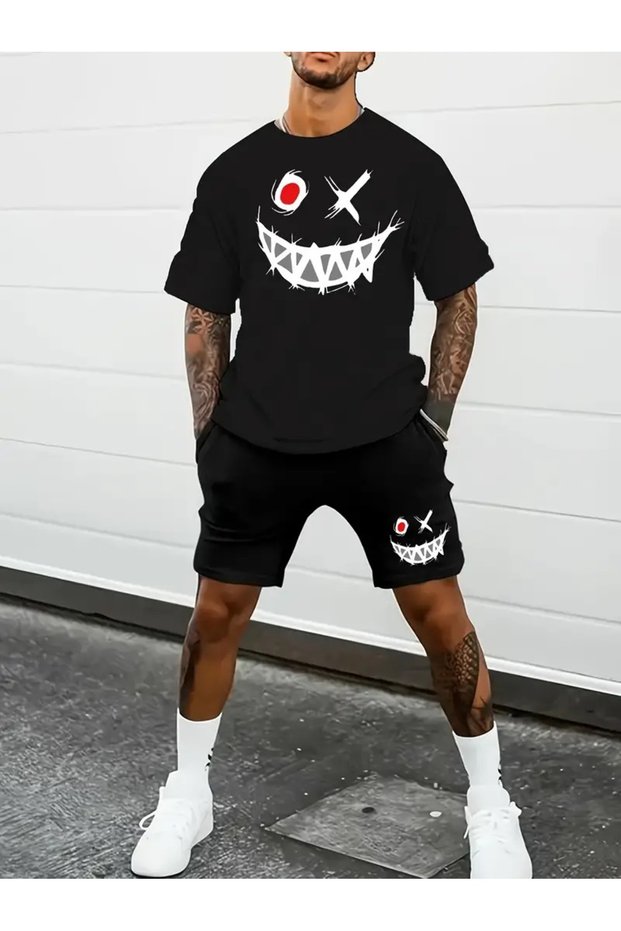 Oversize Smiley Printed Unisex Summer T-Shirt and Shorts Set of 2 Combined Set