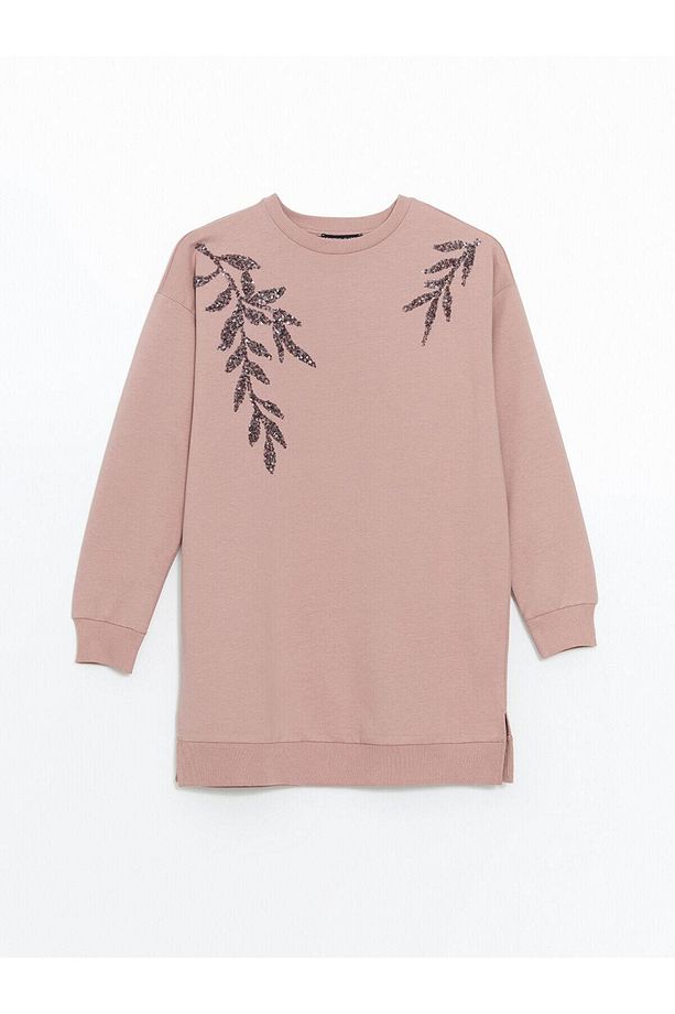 LCWAIKIKI Basic Bisiklet Yaka Pul İşlemeli Oversize Kadın Sweatshirt Tunik - 1