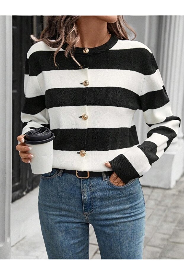 Triko Şeritli Kısa Hırka - 5