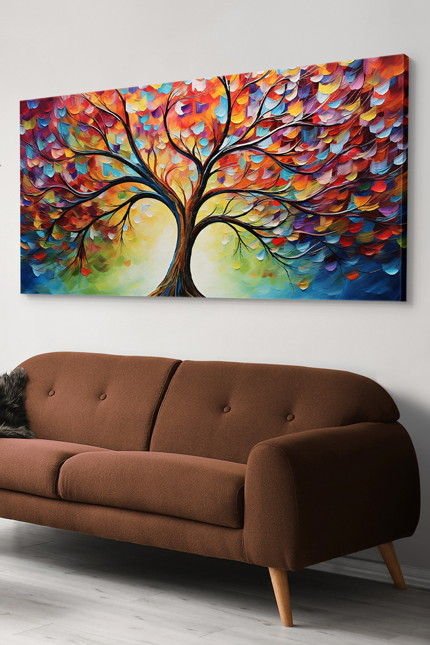 Renkli Soyut Sanat Modern Çiçek ve Yaprak Kompozisyonu Tek Parça Kanvas - Canvas Tablo - 1