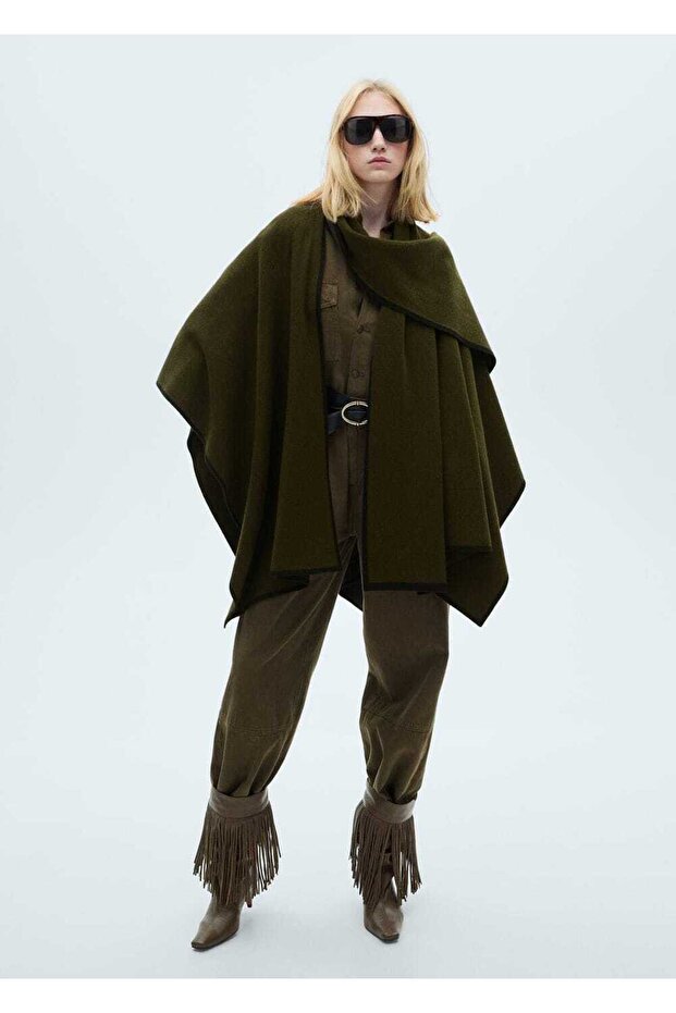 Kontrast Şeritli Triko Pelerin - 2