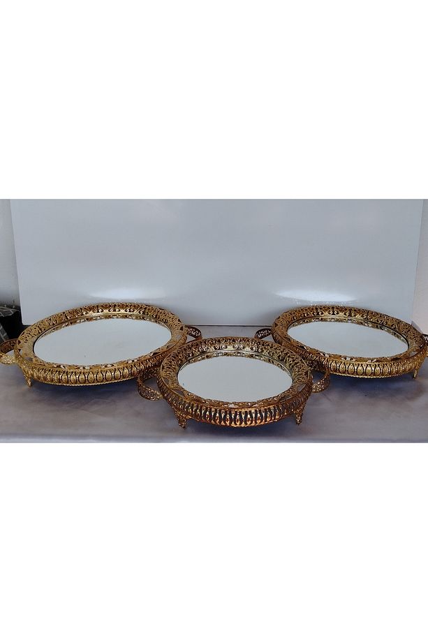 AŞİRET BOY  ÇİFT ŞERİTLİ GOLD DAMLA MODEL 3 LÜ  AYNALI SUNUM İKRAM TEPSİSİ MUTFAK MASA MEKAN - 3