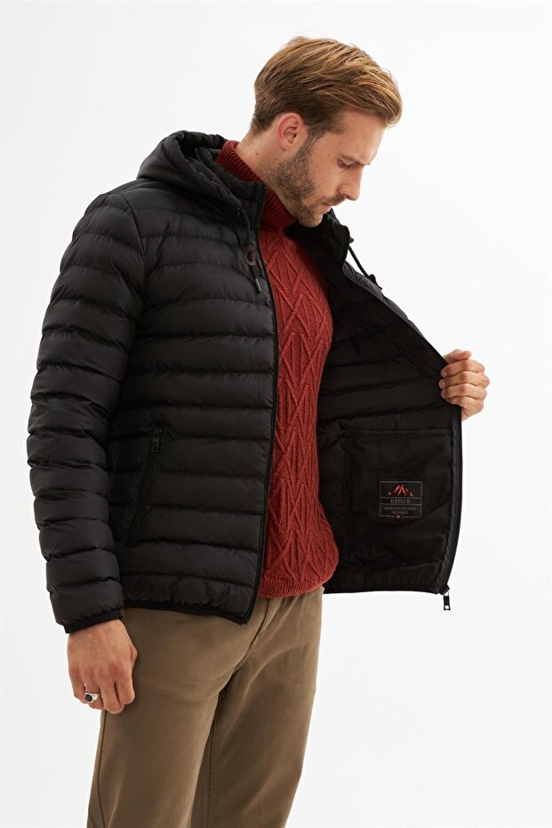 Erkek Çıkarılabilir Kapüşonlu Basic Şişme Mont Siyah - 6