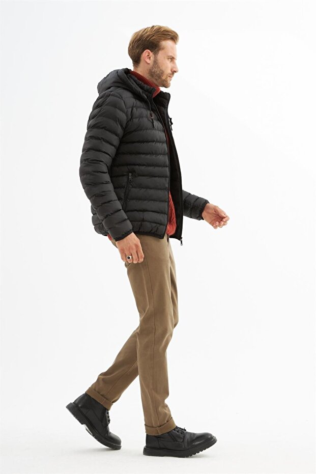 Erkek Çıkarılabilir Kapüşonlu Basic Şişme Mont Siyah - 5