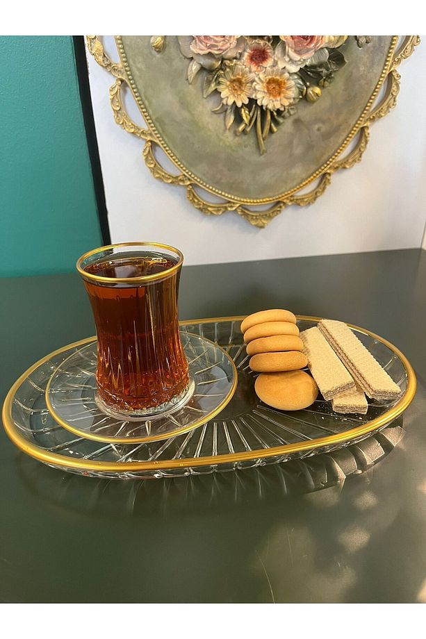 Paşabahce  Elysia yaldızlı Çay seti ve 6 li Sunum Tabagı - 2