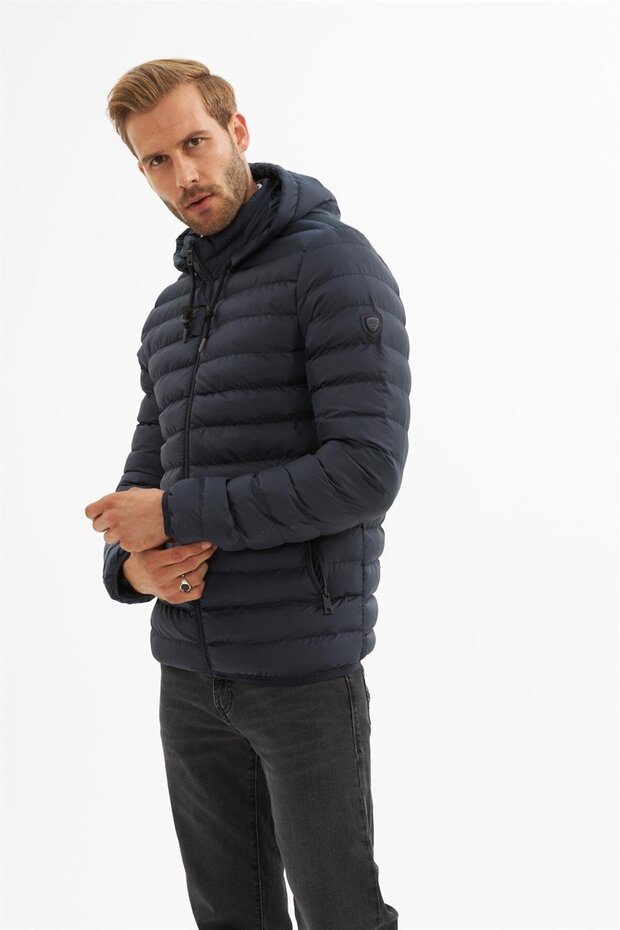 Erkek Çıkarılabilir Kapüşonlu Basic Şişme Mont Lacivert - 2