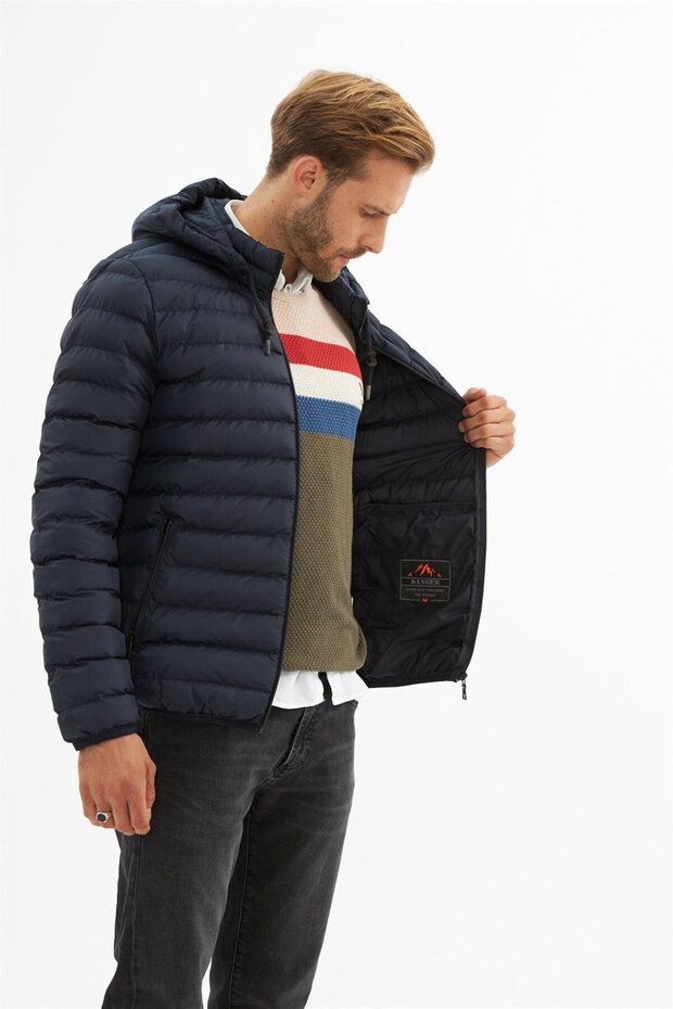 Erkek Çıkarılabilir Kapüşonlu Basic Şişme Mont Lacivert - 4