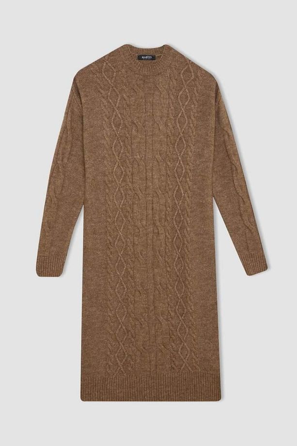 Regular Fit Bisiklet Yaka Saç Örüg Desenli Basic Düz Uzun Kollu Maxi Triko Elbise VISON - 5