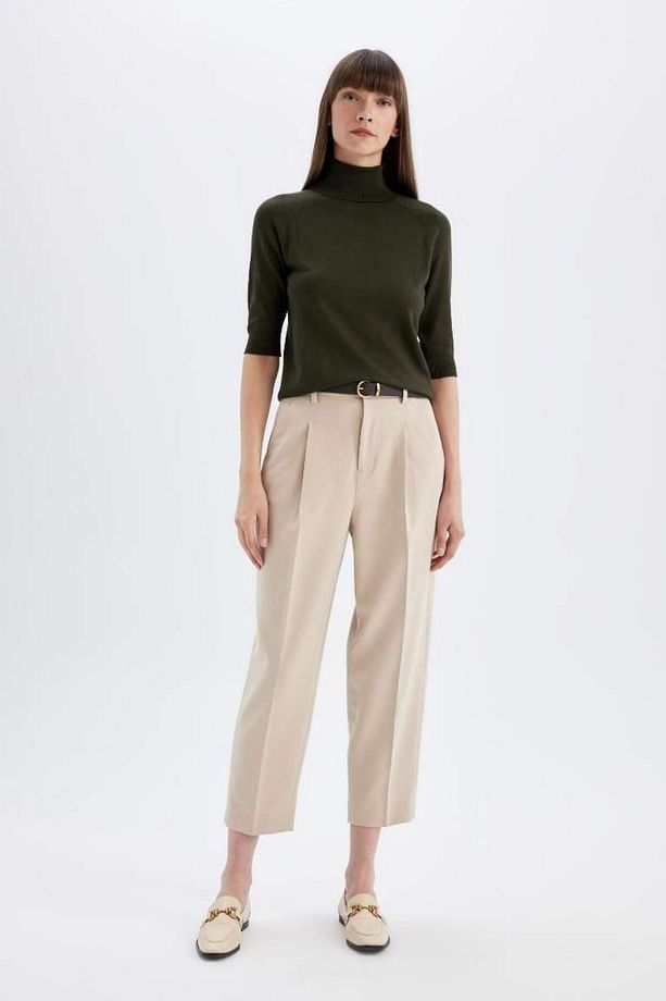 Regular Fit Balıkçı Yaka Yarım Kol Basic Düz Triko Kazak Khaki - 5