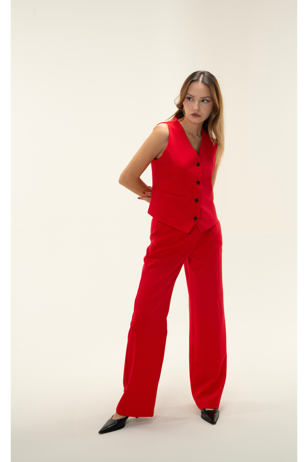 Kırmızı Vucüda Oturan Crop Dokuma Yelek - 2