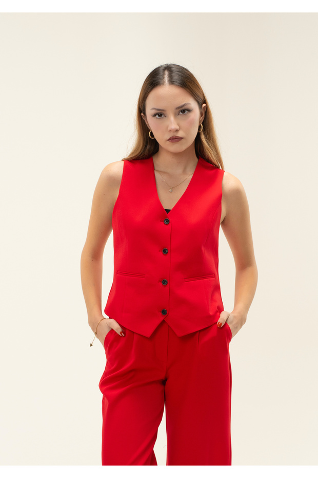 Kırmızı Vucüda Oturan Crop Dokuma Yelek - 1