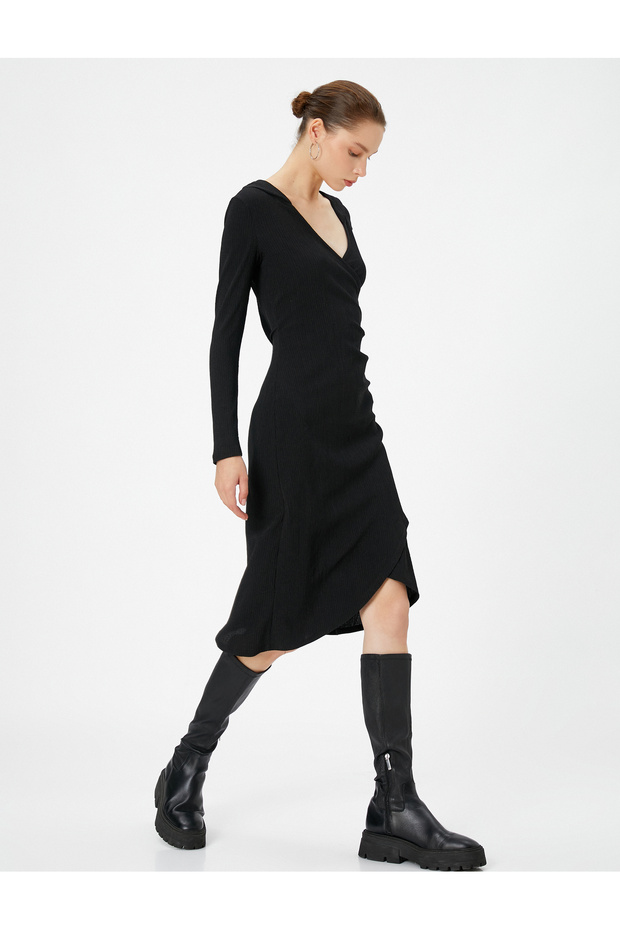Double Breasted Midi Hooded Dress Long Sleeve V-Neck Asymmetrical Cut