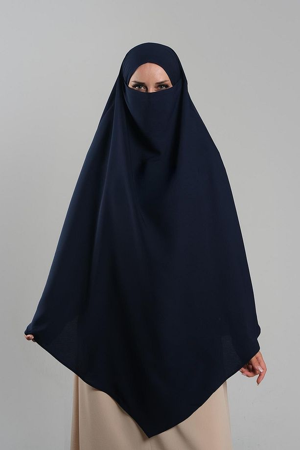 Lacivert Pratik Hazır Geçmeli Tesettür Eşarp Krep Bağcıklı Sufle Hijab 2313_02 - 1