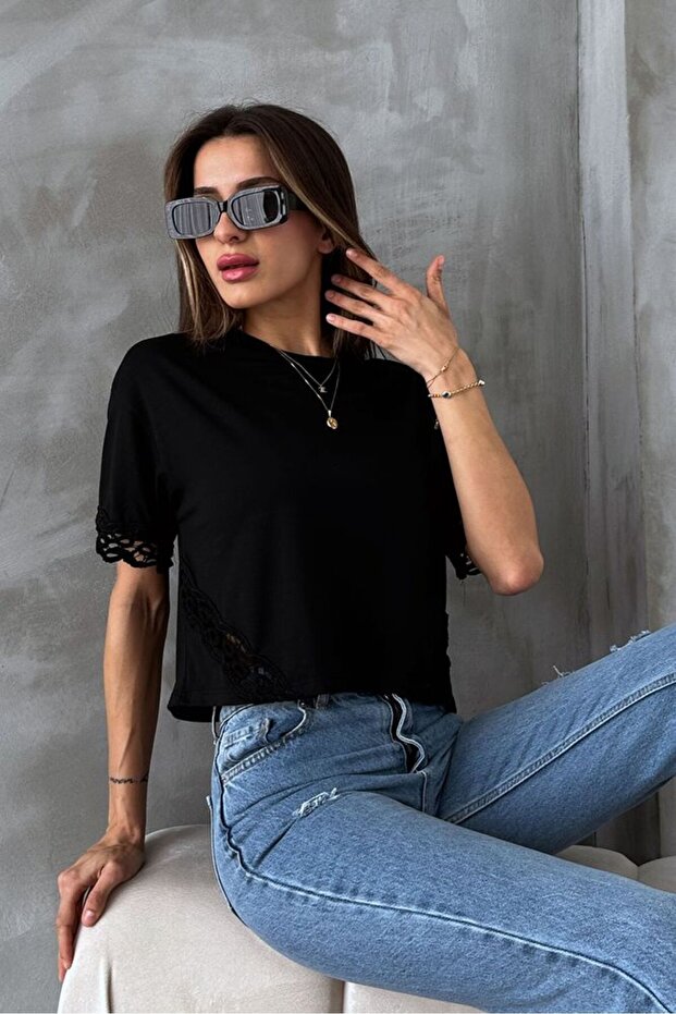 Black Lace Detailed Wholesale T-Shirt