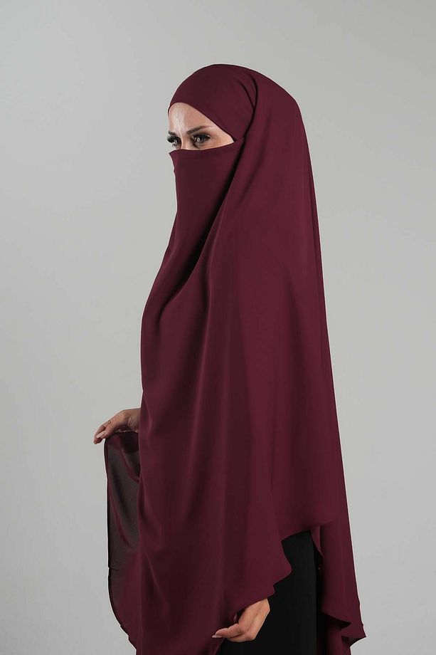 Bordo Pratik Hazır Geçmeli Tesettür Eşarp Krep Bağcıklı Sufle Hijab 2313_16 - 2