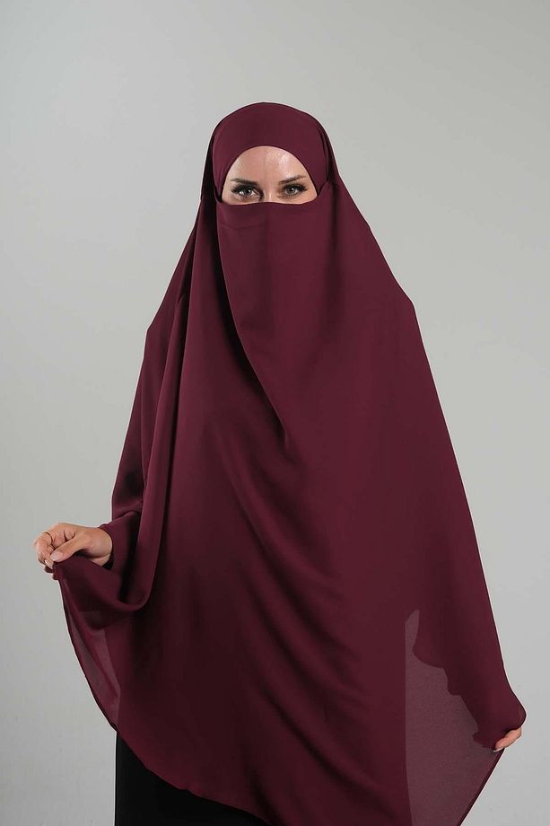 Bordo Pratik Hazır Geçmeli Tesettür Eşarp Krep Bağcıklı Sufle Hijab 2313_16 - 1