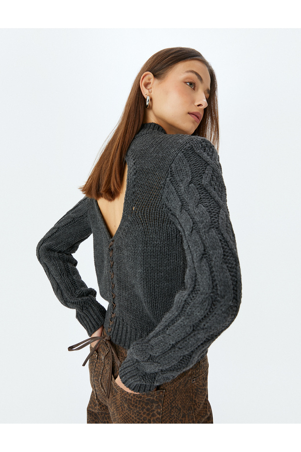 Stand Collar Hair Knit Textured Back Lace-Up Knitwear Sweater