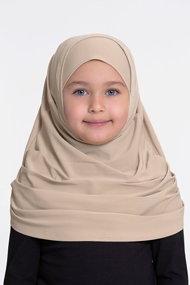 Beige Practical Ready-to-Plug Children's Hijab Bone Sandy Fabric Self-Bonnet 78_12