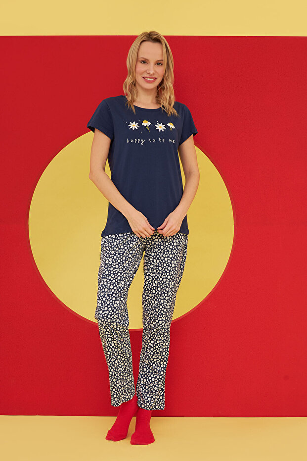 Lacivert Daisies Patterned Pijama Takımı - 1