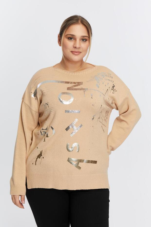 Large Size Boat Neck Cashmere Blended Printed Knitwear Mink