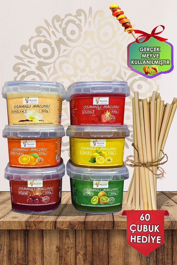 Osmanlı Macunu Hazır Seti 6 Çeşit 300gr. Meyveli Vanilya Dahil - 60 Adet Macun Çubuğu Hediyeli - 1