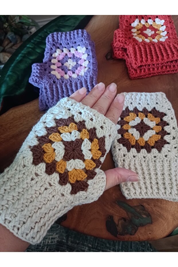 Örgü Eldiven Parmaksız, Motifli - 1