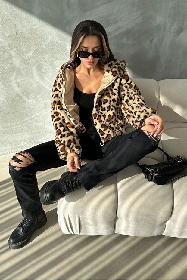 Leopard Print Peluj Coat - Dark Stone Leopard | | F1654