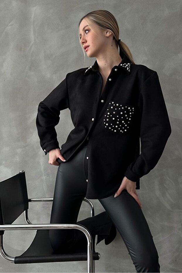 Pocketed Rhinestone Shirt - Black | F1617 - Black