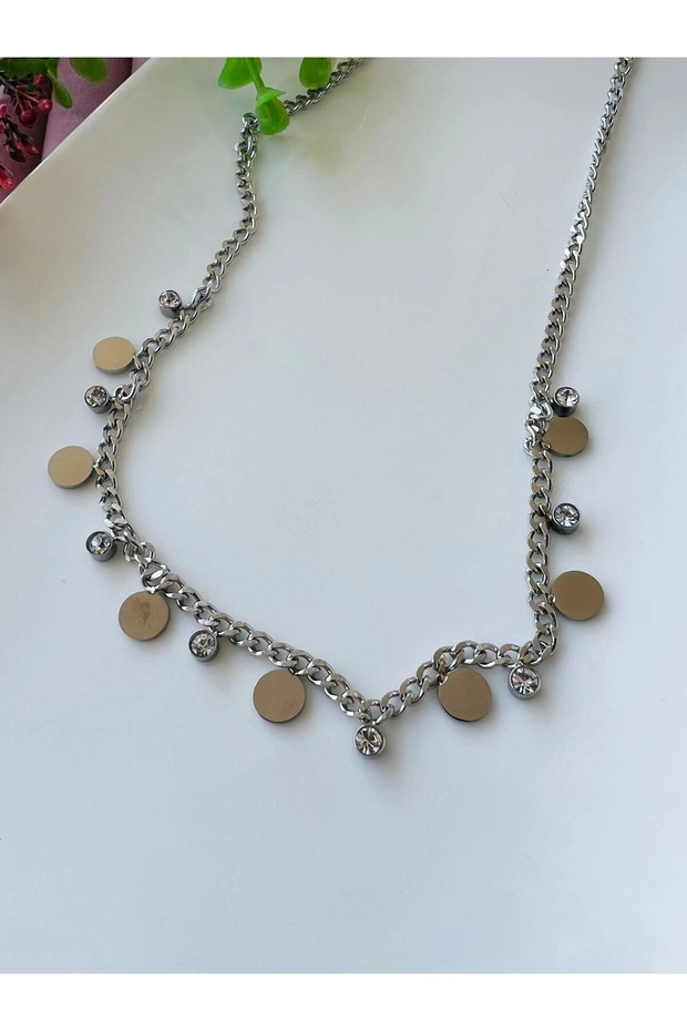 Boncuklu Pullu Çelik Kolye - 1