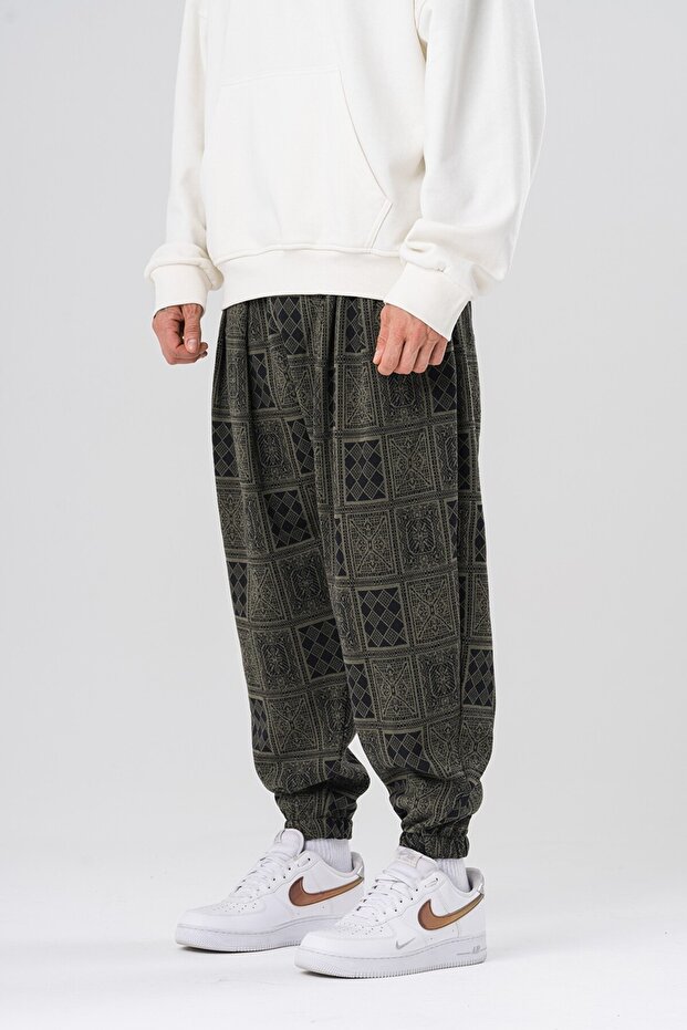 Jacquard Pattern Elastic Waist and Leg Pleated Baggy Shalwar