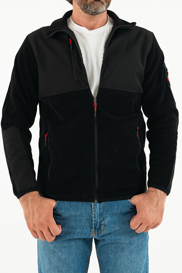 Men's Black Slim Fit Anti-pilling Non-Pilling Full Zipper Softshell Garnished Fleece Sweatshirt