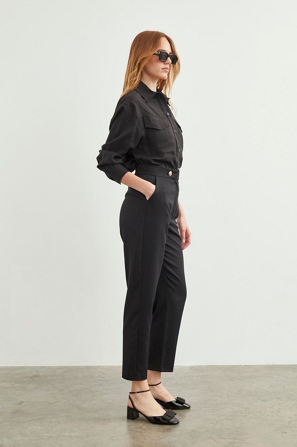 Yüksek Bel Dar Paça Siyah Kumaş Pantolon P-0159 - 3