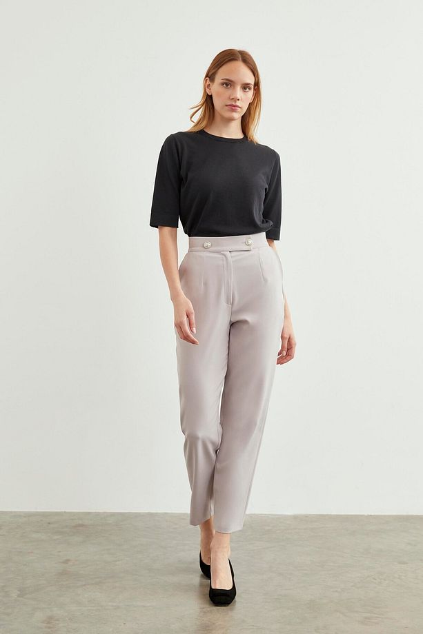 Yüksek Bel Dar Paça Gri Kumaş Pantolon P-0159 - 1