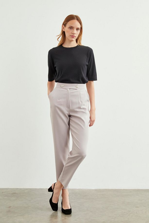 Yüksek Bel Dar Paça Gri Kumaş Pantolon P-0159 - 4