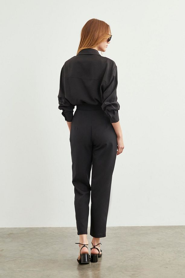 Yüksek Bel Dar Paça Siyah Kumaş Pantolon P-0159 - 4