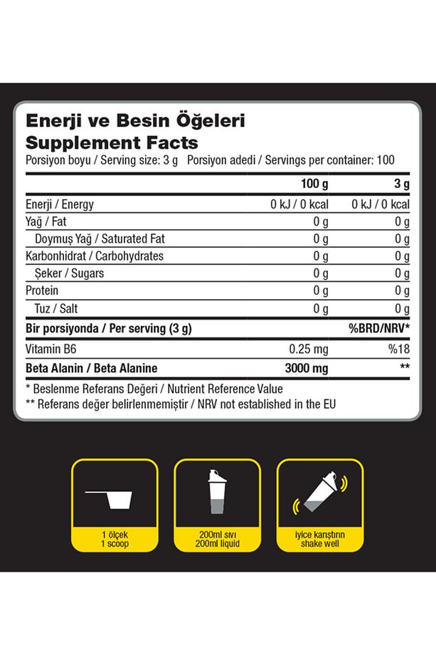Beta Alanine 300 G - Aromasız - 100 Servis - %100 Saf Beta Alanin - 3