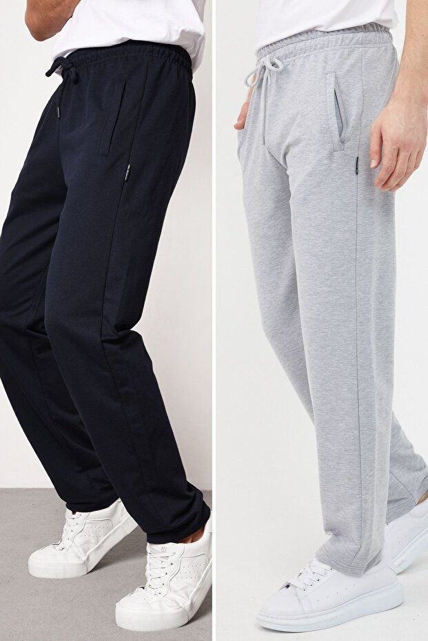 Navy-gray Men's Straight Leg Zipper Detailed Relaxed Fit 2-Piece Sweatpants Pack
