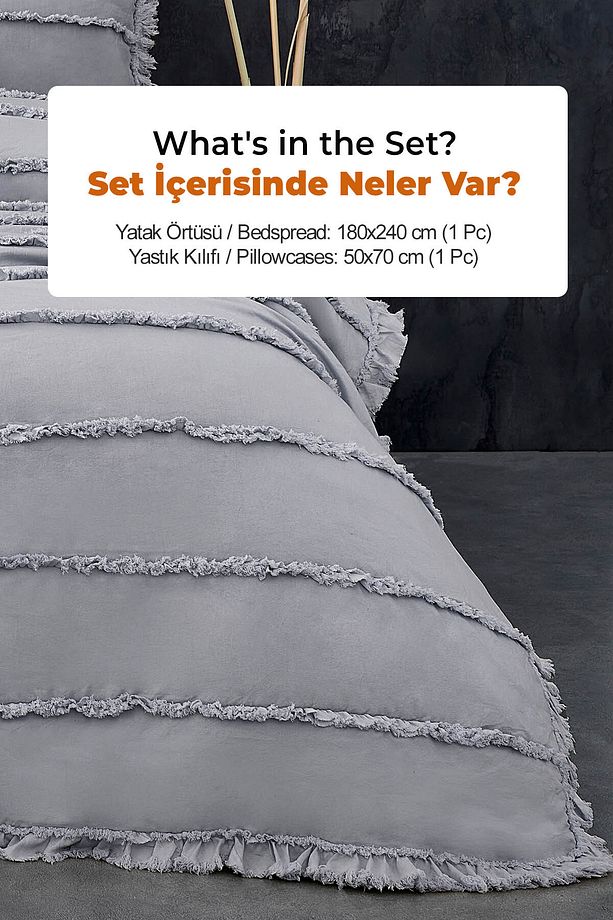 Pamuklu Echos Yatak Örtüsü Takımı Günlük Tek Kişilik 2 Parça Dolgulu El İşi Gri - 7