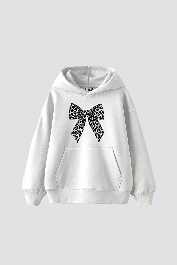 Bow Leopard "V2" Printed Oversize Unisex Premium White Hoodie