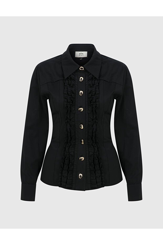 Ruffle Kadın Siyah Gömlek - 1