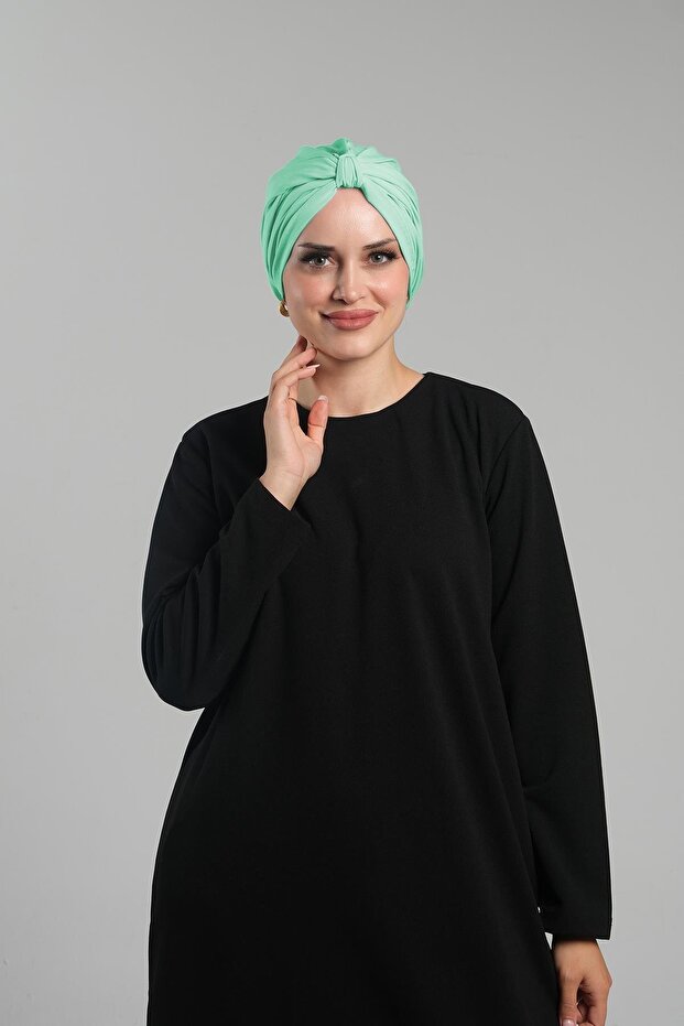 Mint Green Practical Ready-To-Wear Hijab Bonnet Sandy Pleated Loose Fit 2121_13