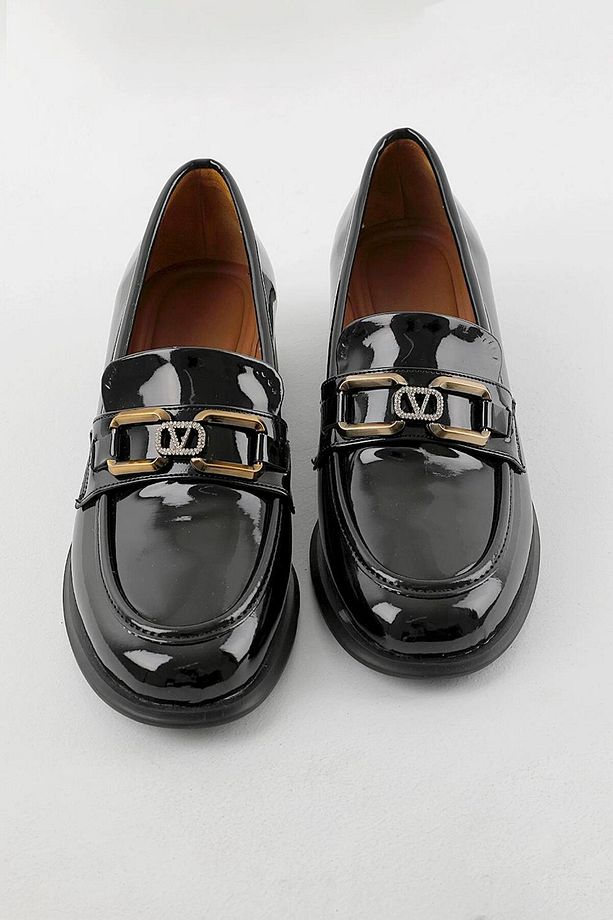 Kadın Siyah Taşlı V Tokalı Rugan Loafer Ayakkabı 4cm Byndkp1014 - 8