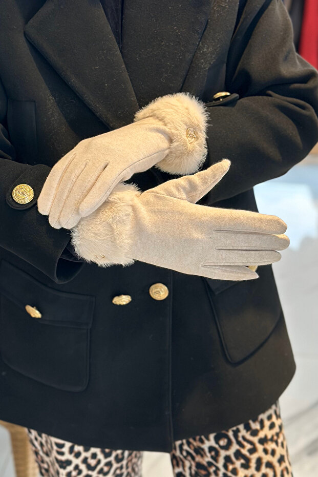 Kürk Detay Kadın Kaşe Eldiven ELD-29 Bej - 3