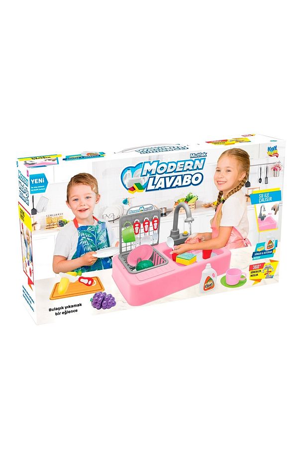 Su Akıtan Modern Mutfak Seti - Çeşmeli Işıklı Ve Sesli Lavabo - Mutfak Seti - Su Akan Musluk - Pembe - 5