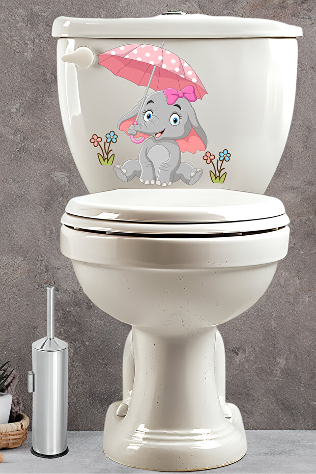 Cute Little Elephant with Pink Umbrella Toilet Seat Sticker Bathroom Sticker