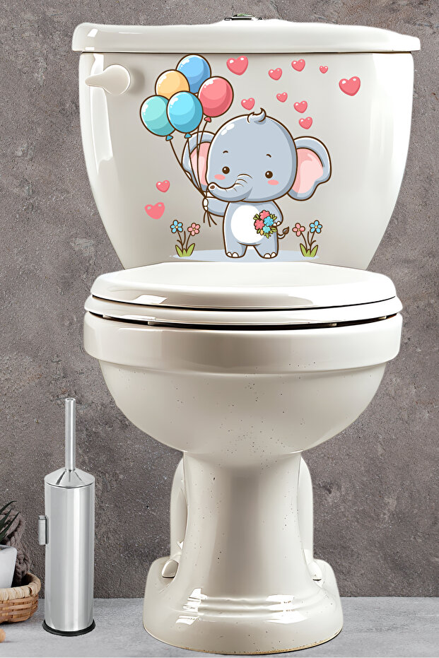 Balloons Flowers Hearts and Tiny Cute Elephant Toilet Seat Sticker Bathroom Sticker